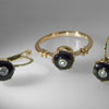Three-pieces set. Gold 585°, agate, diamonds. Price: ring $350, ear-rings $450